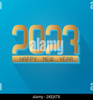 3D Gold text Happy New Year 2023 su sfondo blu. Cartolina postale quadrata in stile minimal. 3D design festivo per la decorazione natalizia, sociale Illustrazione Vettoriale