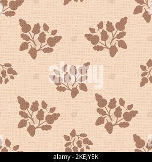 Moderno vettore acorno foglia di quercia senza cuciture motivo di sfondo. Silhouette disegnate a mano di foglie e ghiande sfondo ecru monocromatico beige. Caduta terrina Illustrazione Vettoriale