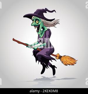 Strega che vola su un bastone di scopa. Cartoon di halloween. Illustrazione Vettoriale
