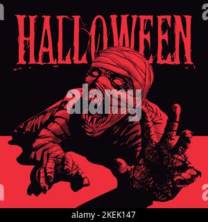 halloween, una brutale immagine di una mummia urlante che esce dalla tomba, nei colori nero e rosso. Mamma. Vector Horror Illustration - Mummia per hallowe Illustrazione Vettoriale