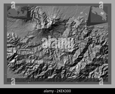 Cartago, provincia del Costa Rica. Mappa altimetrica bilivello con laghi e fiumi. Posizioni delle principali città della regione. Mappe delle posizioni ausiliarie degli angoli Foto Stock