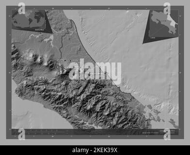 Limon, provincia del Costa Rica. Mappa altimetrica bilivello con laghi e fiumi. Località e nomi delle principali città della regione. Posizione ausiliaria d'angolo Foto Stock