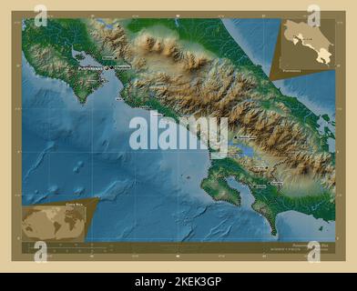 Puntarenas, provincia del Costa Rica. Mappa di altitudine colorata con laghi e fiumi. Località e nomi delle principali città della regione. Ausiliario angolo l Foto Stock