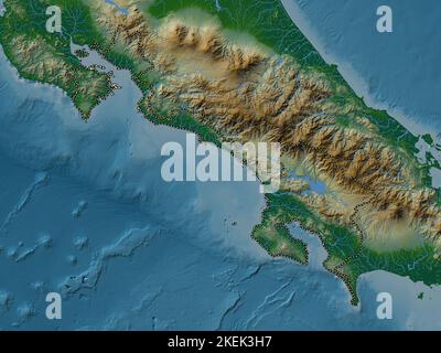 Puntarenas, provincia del Costa Rica. Mappa di altitudine colorata con laghi e fiumi Foto Stock