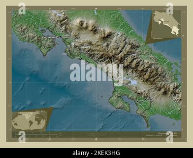 Puntarenas, provincia del Costa Rica. Mappa dell'altitudine colorata in stile wiki con laghi e fiumi. Località e nomi delle principali città della regione. Mais Foto Stock