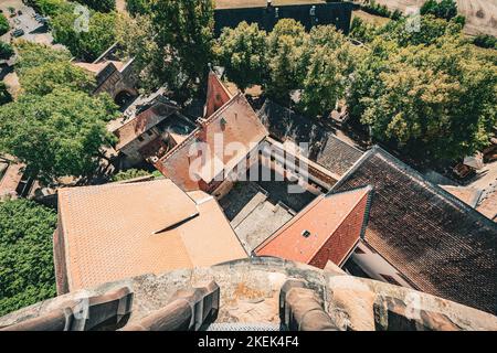 Un'immagine aerea di un giardino nel castello di Pernstejn in Cechia Foto Stock