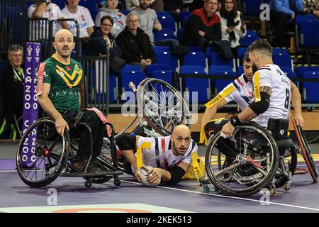 Jeremy Bourson di Francia va alla prova durante la partita di semifinale della Wheelchair Rugby League 2021 Francia vs Australia all'English Institute of Sport Sheffield, Sheffield, Regno Unito, 13th novembre 2022 (Foto di Mark Cosgrove/News Images) a Sheffield, Regno Unito, il 11/13/2022. (Foto di Mark Cosgrove/News Images/Sipa USA) Foto Stock