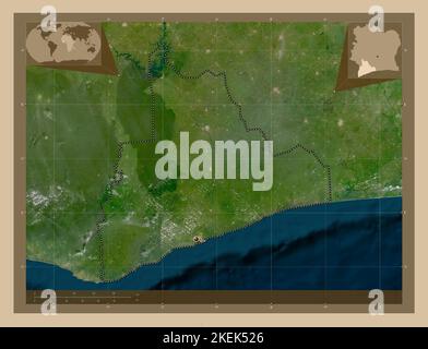 Bas-Sassandra, distretto della Costa d'Avorio. Mappa satellitare a bassa risoluzione. Mappe delle posizioni ausiliarie degli angoli Foto Stock