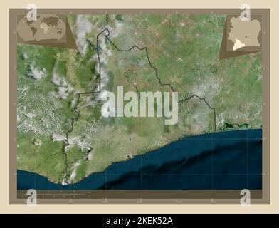 Bas-Sassandra, distretto della Costa d'Avorio. Mappa satellitare ad alta risoluzione. Mappe delle posizioni ausiliarie degli angoli Foto Stock