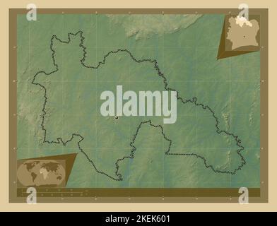 Savanes, distretto della Costa d'Avorio. Mappa di altitudine colorata con laghi e fiumi. Mappe delle posizioni ausiliarie degli angoli Foto Stock