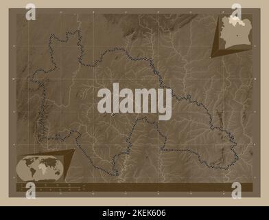 Savanes, distretto della Costa d'Avorio. Mappa dell'altitudine colorata in tonalità seppia con laghi e fiumi. Mappe delle posizioni ausiliarie degli angoli Foto Stock