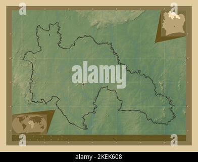 Savanes, distretto della Costa d'Avorio. Mappa di altitudine colorata con laghi e fiumi. Posizioni delle principali città della regione. Posizione ausiliaria angolo ma Foto Stock