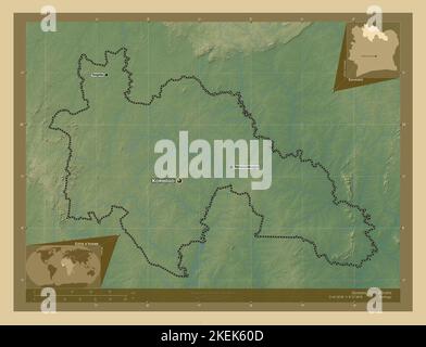 Savanes, distretto della Costa d'Avorio. Mappa di altitudine colorata con laghi e fiumi. Località e nomi delle principali città della regione. Ausiliario angolo l Foto Stock