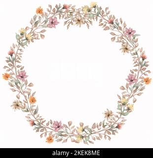 Watercolor autunno selezione erbe design, fiori rotondi wreath invito, fiori selvatici cornice. Cartolina nuziale Boho rustica. Acquerello salvare la data invito Foto Stock