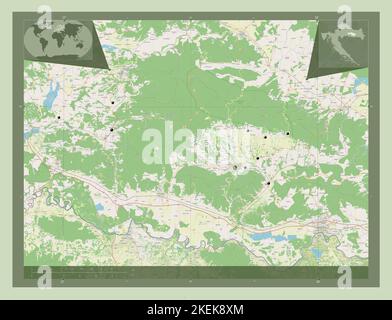 Pozesko-Slavonska, contea di Croazia. Aprire la mappa stradale. Posizioni delle principali città della regione. Mappe delle posizioni ausiliarie degli angoli Foto Stock