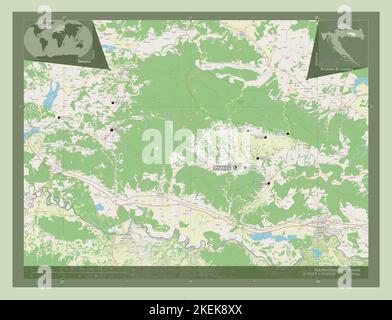 Pozesko-Slavonska, contea di Croazia. Aprire la mappa stradale. Località e nomi delle principali città della regione. Mappe delle posizioni ausiliarie degli angoli Foto Stock