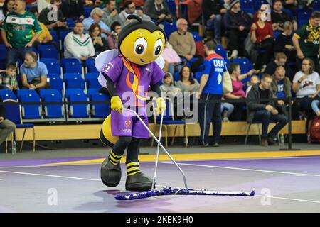 Sheffield, Regno Unito. 13th Nov 2022. RugBee la mascotte RLWC21 sulle mansioni di pulizia durante il tempo di metà tempo durante la Wheelchair Rugby League World Cup 2021 SemiFinal Match Francia vs Australia all'Istituto Inglese di Sport Sheffield, Sheffield, Regno Unito, 13th Novembre 2022 (Foto di Mark Cosgrove/News Images) Credit: News Images LTD/Alamy Live News Foto Stock