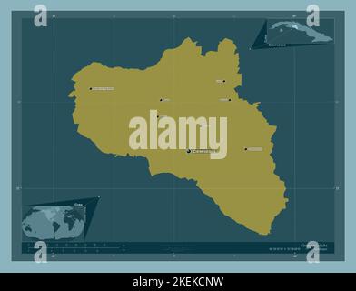 Cienfuegos, provincia di Cuba. Forma a tinta unita. Località e nomi delle principali città della regione. Mappe delle posizioni ausiliarie degli angoli Foto Stock