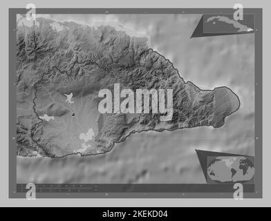 Guantánamo, provincia di Cuba. Mappa in scala di grigi con laghi e fiumi. Mappe delle posizioni ausiliarie degli angoli Foto Stock