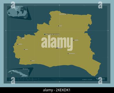 Mayabeque, provincia di Cuba. Forma a tinta unita. Località e nomi delle principali città della regione. Mappe delle posizioni ausiliarie degli angoli Foto Stock