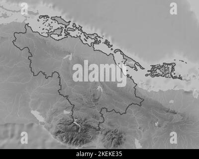 Villa Clara, provincia di Cuba. Mappa in scala di grigi con laghi e fiumi Foto Stock