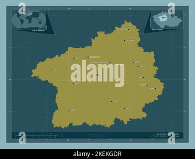 Stredocesky, regione della Repubblica Ceca. Forma a tinta unita. Località e nomi delle principali città della regione. Mappe delle posizioni ausiliarie degli angoli Foto Stock