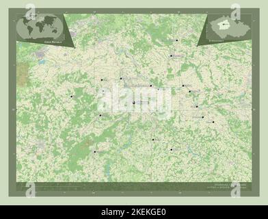 Stredocesky, regione della Repubblica Ceca. Aprire la mappa stradale. Località e nomi delle principali città della regione. Mappe delle posizioni ausiliarie degli angoli Foto Stock