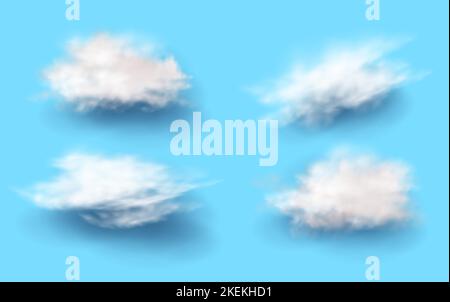 set di icone vettoriali realistiche. Collezione di nuvole bianche su sfondo blu. Illustrazione Vettoriale