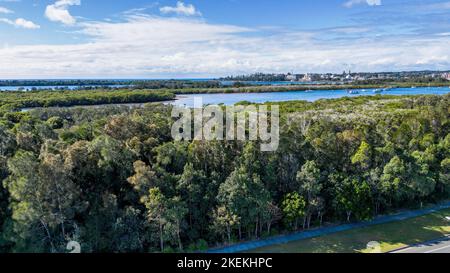 Vista aerea di una strada vicino alla riva del mare vicino a Settlement Point circondato da lussureggianti alberi verdi Port Macquarie, NSW Foto Stock