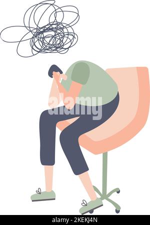 L'uomo si siede in poltrona e pensa ai propri problemi. Psicologo alla ricezione flat vettoriale illustrazione. Stress trattamento, disturbo mentale Illustrazione Vettoriale