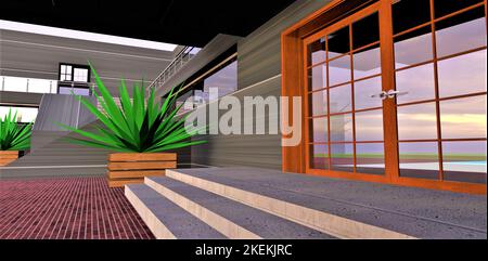 Il portico è caratterizzato da un design straordinario in un cortile elegante. Ampie scale in cemento per l'ingresso con porta in legno. rendering 3d. Foto Stock