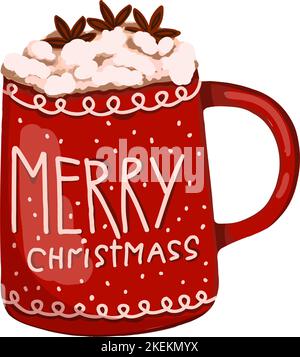 Coppa in ceramica rossa con iscrizione Buon Natale. Fiocchi di neve. Bevanda calda invernale con crema e marshmallows. Stile di hygge invernale Illustrazione Vettoriale