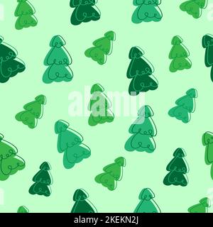 Vettore pattern senza giunture Pine Tree isolato su sfondo verde chiaro. Carino cartone animato alberi di pino. Natale, Capodanno e celebrazione concept design. Illustrazione Vettoriale