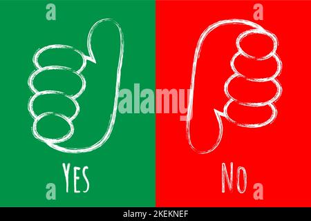 Gesti delle mani icone gessate su sfondo rosso e verde. Pollici in su, dissimile illustrazioni di scacchiera vettoriale del gesso isolato Illustrazione Vettoriale