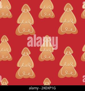 Modello natalizio senza cuciture con biscotti di pan di zenzero a forma di albero di Natale su sfondo rosso. Biscotti fatti in casa di Natale illustrazione Vector. Illustrazione Vettoriale