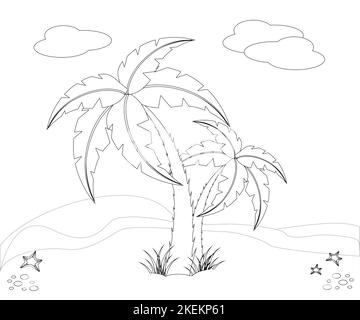 Cartoon bianco e nero Illustrazione di Desert Island con palme da cocco per bambini Libro da colorare. Illustrazione Vettoriale