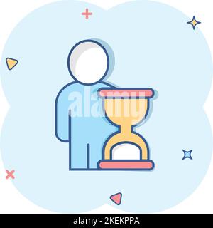 Icone di persone e orologio in stile fumetto. Illustrazione vettoriale cartoon dell'ora utente su sfondo bianco isolato. Business business business business effetto splash uomo. Illustrazione Vettoriale
