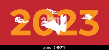 Felice anno nuovo Cinese 2023. Cinese Lunar anno 2023. Anno del coniglio. Conigli bianchi. Illustrazione vettoriale. Illustrazione Vettoriale