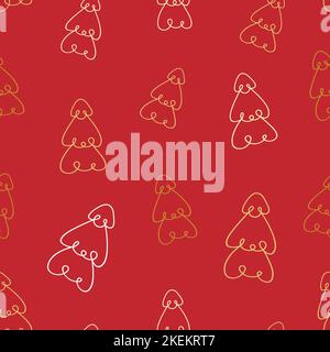 Modello natalizio senza cuciture con linea di abeti su sfondo rosso. In stile Scandinavo. Perfetto per inviti alle vacanze, biglietti d'auguri invernali, wallpape Illustrazione Vettoriale