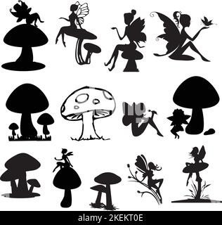 Un set modificabile di silhouette di fate illustrate intorno ai funghi su sfondo bianco, un concetto fiabesco Illustrazione Vettoriale
