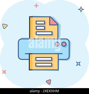 Icona della stampante per ufficio in stile fumetto. Immagine vettoriale cartoon fax su sfondo bianco isolato. Concetto aziendale di effetto splash per la stampa del testo. Illustrazione Vettoriale