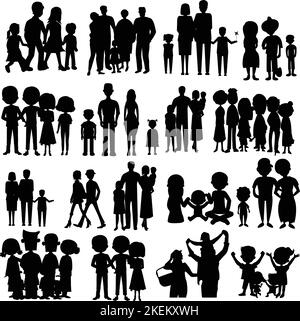 Un set modificabile di silhouette illustrate di diverse famiglie su sfondo bianco Illustrazione Vettoriale