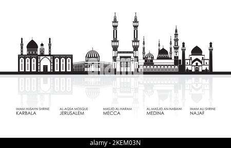 Silhouette Skyline Panorama delle più famose Moschee - illustrazione vettoriale Illustrazione Vettoriale