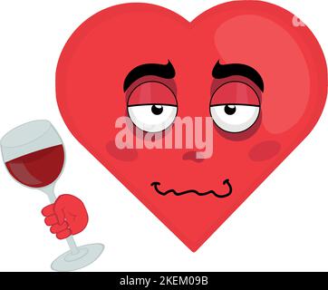 disegno vettoriale di un cuore ubriaco con un bicchiere di vino in mano Illustrazione Vettoriale