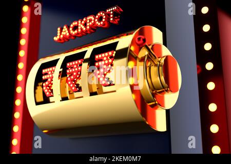 Slot machine d'oro con il simbolo indiano Rupee Big WIN Concept. Jackpot del casinò. 3D rappresentazione grafica Foto Stock