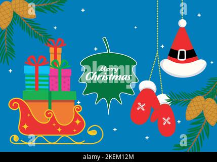 cartoon buon natale e felice anno nuovo banner con santas slitta e regali, giocattoli, rami con coni Illustrazione Vettoriale