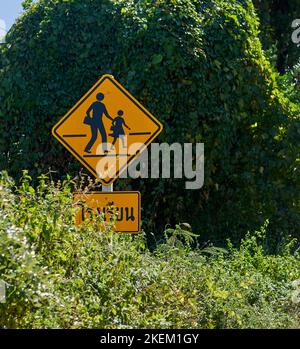 Un cartello stradale sovrastante che mostra l'attraversamento dei bambini. Foto Stock