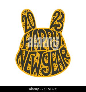 Felice anno nuovo 2023 scritta in silhouette coniglietto, lettere in nero e oro in coniglio simbolo dell'anno vettore isolato Illustrazione Vettoriale