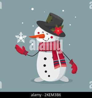 personaggio di natale carino pupazzo di neve in guanti sciarpa e cappello cattura fiocchi di neve Illustrazione Vettoriale