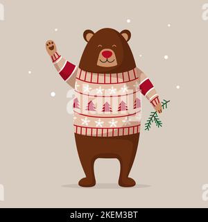 carino orso bruno di natale in un maglione con un ramo di abete rosso nella sua zampa Illustrazione Vettoriale